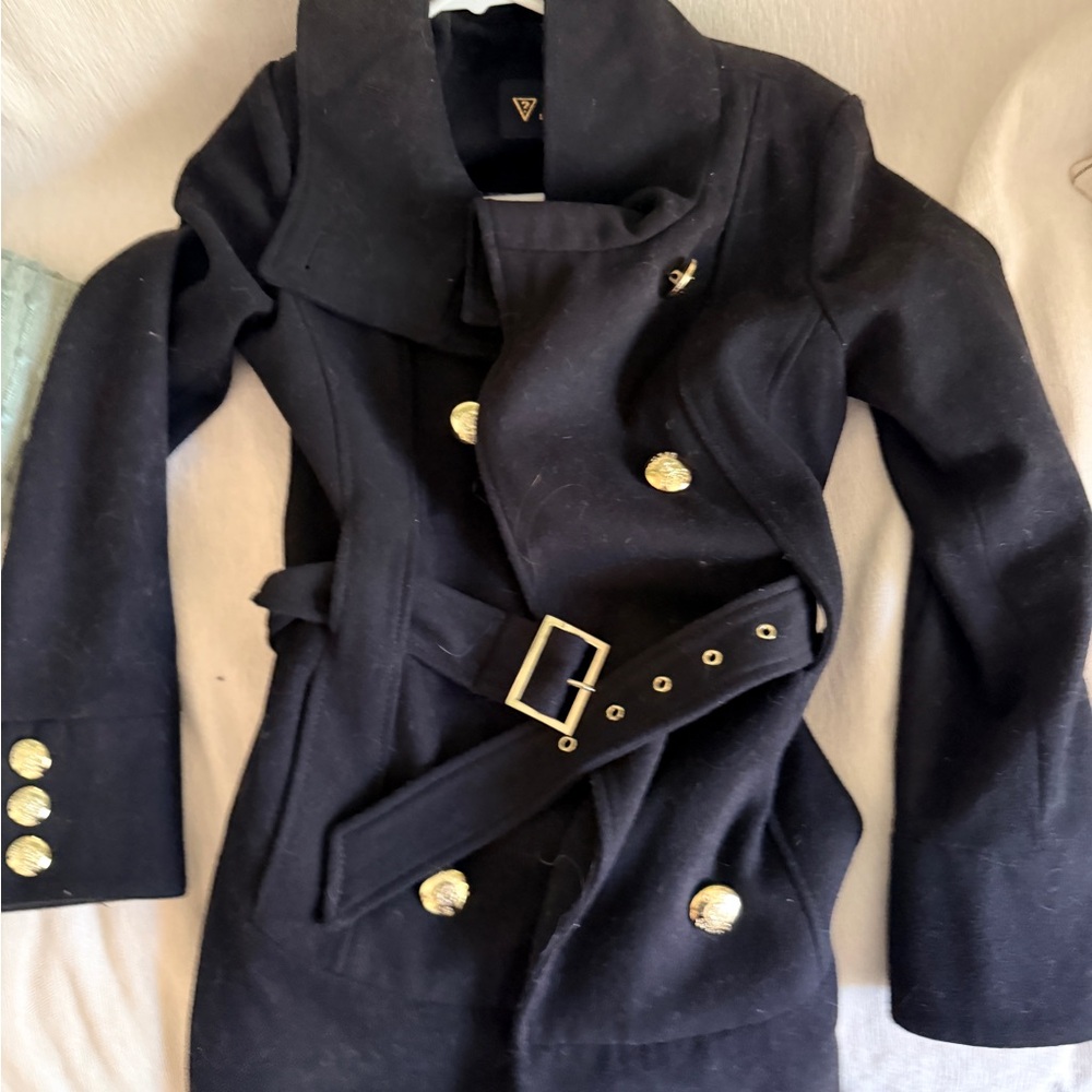 Guess Black Trench Coat with Gold Accents